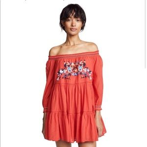 NWT Free People Sunbeams Off Shoulder Embroidered Mini Dress Red